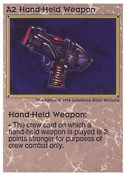 Need: 0    Want: 0    Have: 50 (+152)    Will Trade: 46    In Storage: 43              A2 ‑ Hand‑Held Weapon  Set: PE  Rarity: U1    Artist: Lawrence Allen Williams    