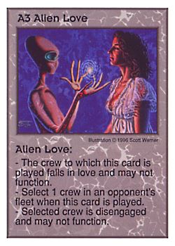 Need: 0    Want: 3    Have: 10    Will Trade: 0    In Storage: 1              A3 ‑ Alien Love  Set: Per  Rarity: U1    Artist: Scott Werner    