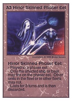 Need: 0    Want: 0    Have: 109    Will Trade: 101    In Storage: 50              A3 ‑ Mirror Skinned Phaser Eel  Set: TG  Rarity: U1    Artist: Bruce Jensen    