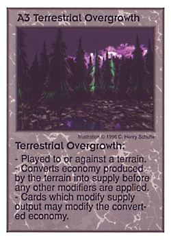 Need: 0    Want: 2    Have: 11    Will Trade: 0    In Storage: 1              A3 ‑ Terrestrial Overgrowth  Set: Per  Rarity: U1    Artist: C. Henry Schulte    