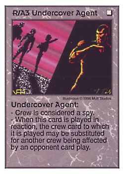 Need: 0    Want: 0    Have: 40    Will Trade: 32    In Storage: 27              R/A3 ‑ Undercover Agent  Set: Pir  Rarity: U1    Artist: Mutt Studios    