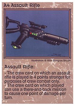 Need: 0    Want: 0    Have: 21    Will Trade: 13    In Storage: 8              A4 ‑ Assault Rifle  Set: NE  Rarity: U1    Artist: Douglas Shuler    