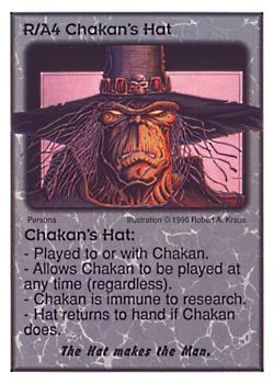 Need: 0    Want: 0    Have: 15    Will Trade: 7    In Storage: 14              A4 ‑ Chakan's Hat  Set: CC  Rarity: U    Artist: Robert A. Kraus    