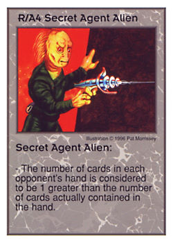 Need: 2    Want: 10    Have: 1    Will Trade: 0    In Storage: 0              R/A4 ‑ Secret Agent Alien  Set: Per  Rarity: V1    Artist: Pat Morrissey    