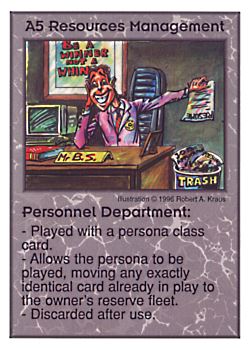 Need: 0    Want: 3    Have: 10    Will Trade: 0    In Storage: 1              A5 ‑ Resources Management ‑ Personnel Department  Set: Per  Rarity: U1    Artist: Robert A. Kraus    