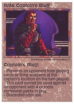 Need: 0    Want: 0    Have: 9 (+39)    Will Trade: 6    In Storage: 2              R/A6 ‑ Captain's Bluff  Set: PE  Rarity: V1    Artist: Melissa A. Benson    