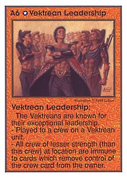 Need: 0    Want: 0    Have: 16    Will Trade: 10    In Storage: 1              A6 ‑ Vektrean Leadership  Set: AT  Rarity: R1    Artist: Lubov    