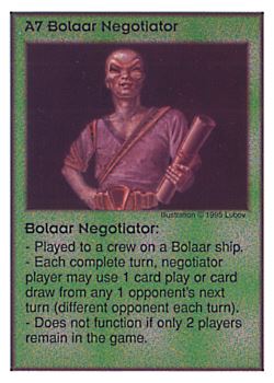 Need: 0    Want: 5    Have: 8    Will Trade: 0    In Storage: 1              A7 ‑ Bolaar Negotiator  Set: AT  Rarity: V1    Artist: Lubov    
