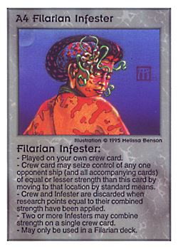 Need: 0    Want: 0    Have: 168    Will Trade: 160    In Storage: 44              A4 ‑ Filarian Infester  Set: PoM  Rarity: R1    Artist: Melissa A. Benson    