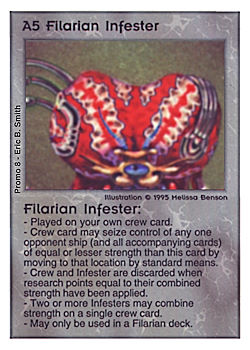 Need: 0    Want: 0    Have: -1    Will Trade: 0    In Storage: 0              A5 ‑ Filarian Infester  Set: Pro8  Rarity: Pro8    Artist: Melissa A. Benson    