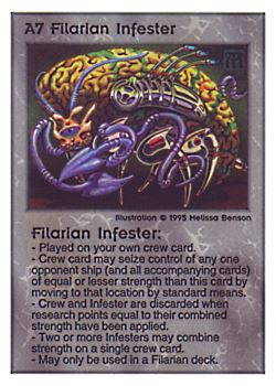 Need: 0    Want: 0    Have: 36    Will Trade: 30    In Storage: 31              A7 ‑ Filarian Infester  Set: PoM  Rarity: V1    Artist: Melissa A. Benson    