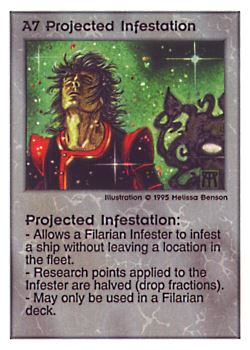 Need: 0    Want: 0    Have: 150    Will Trade: 144    In Storage: 47              A7 ‑ Projected Infestation  Set: PoM  Rarity: R1    Artist: Melissa A. Benson    