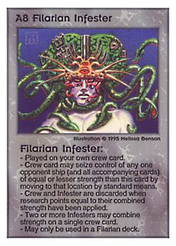 Need: 0    Want: 0    Have: 41    Will Trade: 37    In Storage: 37              A8 ‑ Filarian Infester  Set: PoM  Rarity: V1    Artist: Melissa A. Benson    