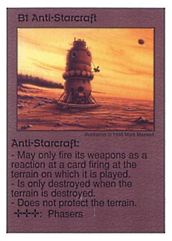 Need: 0    Want: 0    Have: 13    Will Trade: 5    In Storage: 0              B1 ‑ Anti‑Starcraft  Set: AT  Rarity: R1    Artist: Mark Maxwell    