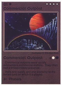 Need: 0    Want: 0    Have: 67    Will Trade: 59    In Storage: 50              B1 ‑ Commercial Outpost  Set: PE  Rarity: C2    Artist: Ben Peck    