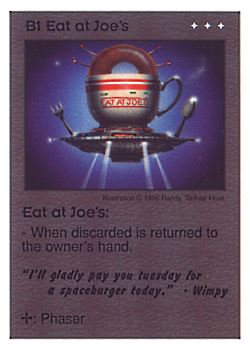 Need: 0    Want: 0    Have: 3 (+10)    Will Trade: 0    In Storage: 0              B1 ‑ Eat at Joe's ("I'll gladly pay you…)  Set: CC  Rarity: V1    Artist: Randy 'Tarkas' Hoar    
