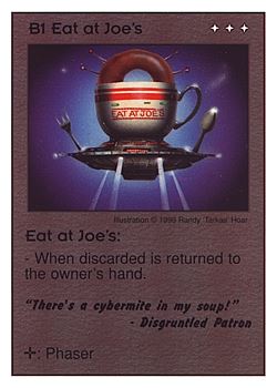 Need: 0    Want: 0    Have: 3 (+10)    Will Trade: 0    In Storage: 0              B1 ‑ Eat at Joe's ("There's a cybermite…)  Set: CC  Rarity: V4    Artist: Randy 'Tarkas' Hoar    