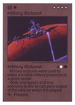 Need: 0    Want: 0    Have: 282    Will Trade: 274    In Storage: 54              B1 ‑ Military Outpost  Set: UE  Rarity: C1    Artist: Michael Carroll    