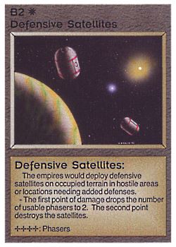 Need: 0    Want: 0    Have: 1 (+24)    Will Trade: 0    In Storage: 0              B2 ‑ Defensive Satellites (Planet Left)  Set: AL  Rarity: U1    Artist: Gary A. Kalin    