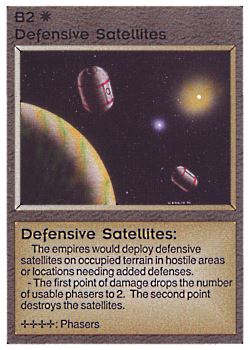 Need: 0    Want: 0    Have: 24 (+1)    Will Trade: 17    In Storage: 17              B2 ‑ Defensive Satellites (Planet Left)  Set: BE  Rarity: U1    Artist: Gary A. Kalin    