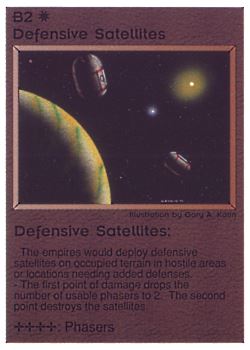 Need: 0    Want: 0    Have: 36 (+40)    Will Trade: 32    In Storage: 31              B2 ‑ Defensive Satellites (Planet Left)  Set: PE  Rarity: C2    Artist: Gary A. Kalin    
