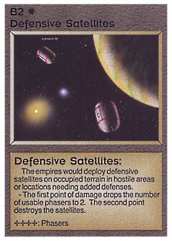 Need: 0    Want: 0    Have: 2 (+74)    Will Trade: 0    In Storage: 1              B2 ‑ Defensive Satellites (Planet Right)  Set: AL  Rarity: U1    Artist: Gary A. Kalin    