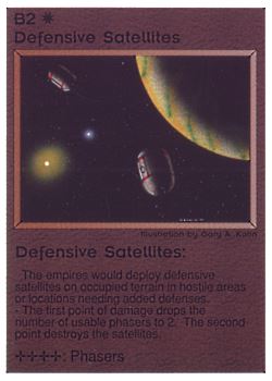 Need: 0    Want: 0    Have: 9 (+276)    Will Trade: 5    In Storage: 4              B2 ‑ Defensive Satellites (Planet Right)  Set: PE  Rarity: C1    Artist: Gary A. Kalin    