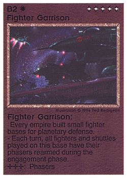 Need: 0    Want: 0    Have: 6 (+267)    Will Trade: 2    In Storage: 4              B2 ‑ Fighter Garrison (Large Text)  Set: PE  Rarity: U2    Artist: Ted Beargeon    