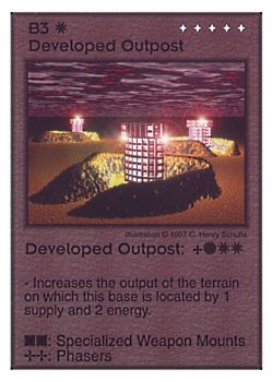 Need: 0    Want: 3    Have: 10    Will Trade: 0    In Storage: 0              B3 ‑ Developed Outpost  Set: AF  Rarity: R3    Artist: C. Henry Schulte    