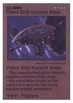 Need: 0    Want: 5    Have: 8    Will Trade: 0    In Storage: 0              B3 ‑ Patrol Ship Support Base  Set: AT  Rarity: U1    Artist: Mark Maxwell    