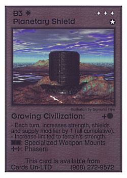 Need: 0    Want: 12    Have: 1    Will Trade: 0    In Storage: 0              B3 ‑ Planetary Shield ‑ Growing Civilization  Set: Pro5  Rarity: Pro5    Artist: Sigmund Frye    
