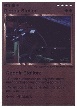 Need: 0    Want: 0    Have: 63 (+3)    Will Trade: 58    In Storage: 52              B3 ‑ Repair Station (Small Text)  Set: PE  Rarity: U1    Artist: Michael Trapp    