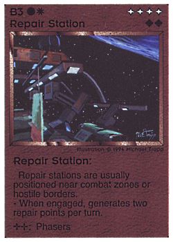Need: 0    Want: 0    Have: 3 (+63)    Will Trade: 0    In Storage: 1              B3 ‑ Repair Station (Large Text)  Set: PE  Rarity: U2    Artist: Michael Trapp    
