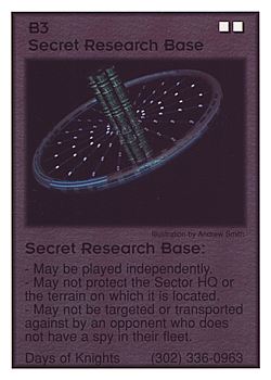 Need: 0    Want: 12    Have: 1    Will Trade: 0    In Storage: 0              B3 ‑ Secret Research Base  Set: Pro5  Rarity: Pro5    Artist: Andrew Smith    
