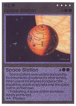 Need: 0    Want: 0    Have: 1 (+25)    Will Trade: 0    In Storage: 0              B3 ‑ Space Station  Set: AL  Rarity: U1    Artist: Gary A. Kalin    