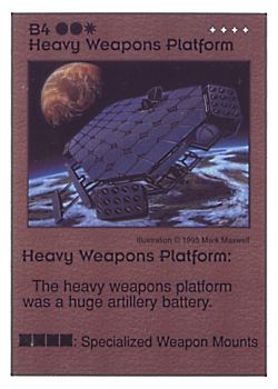 Need: 0    Want: 6    Have: 7    Will Trade: 0    In Storage: 0              B4 ‑ Heavy Weapons Platform  Set: AT  Rarity: R1    Artist: Mark Maxwell    