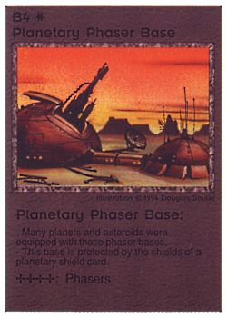 Need: 0    Want: 0    Have: 52 (+161)    Will Trade: 48    In Storage: 45              B4 ‑ Planetary Phaser Base (Small Text)  Set: PE  Rarity: U1    Artist: Douglas Shuler    