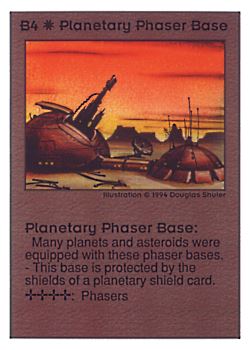 Need: 0    Want: 0    Have: 158 (+55)    Will Trade: 154    In Storage: 39              B4 ‑ Planetary Phaser Base  Set: UE  Rarity: U1    Artist: Douglas Shuler    