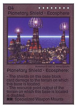 Need: 4    Want: 4    Have: 5    Will Trade: 0    In Storage: 0              B4 ‑ Planetary Shield ‑ Ecosphere  Set: AF  Rarity: R3    Artist: C. Henry Schulte    
