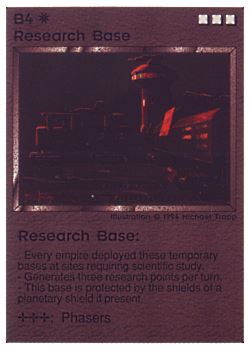 Need: 0    Want: 0    Have: 44 (+149)    Will Trade: 40    In Storage: 39              B4 ‑ Research Base (Small Text)  Set: PE  Rarity: U1    Artist: Michael Trapp    