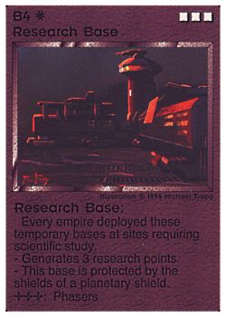 Need: 0    Want: 0    Have: 10 (+183)    Will Trade: 6    In Storage: 3              B4 ‑ Research Base (Large Text)  Set: PE  Rarity: U2    Artist: Michael Trapp    