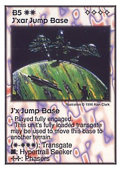 Need: 4    Want: 4    Have: 5    Will Trade: 0    In Storage: 0              B5 ‑ J'xar Jump Base ‑ Jx Jump Base  Set: GI  Rarity: U1    Artist: Alan Clark    