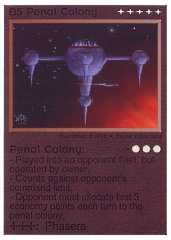 Need: 0    Want: 0    Have: 10 (+109)    Will Trade: 6    In Storage: 3              B5 ‑ Penal Colony  Set: NE  Rarity: R1    Artist: N. Taylor Blanchard    
