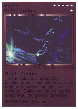 Need: 0    Want: 0    Have: 59 (+100)    Will Trade: 56    In Storage: 28              B6 ‑ Battlestation  Set: PE  Rarity: R1    Artist: Michael Trapp    