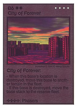 Need: 0    Want: 2    Have: 11    Will Trade: 0    In Storage: 2              B6 ‑ City of Forever  Set: Per  Rarity: U1    Artist: C. Henry Schulte    