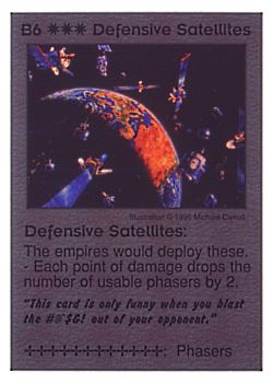 Need: 0    Want: 0    Have: 21    Will Trade: 15    In Storage: 8              B6 ‑ Defensive Satellites  Set: CC  Rarity: U    Artist: Michael Carroll    