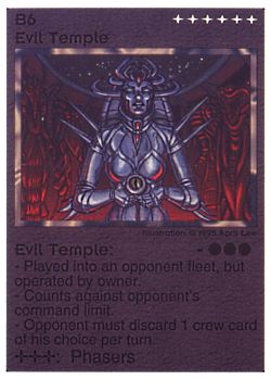 Need: 0    Want: 0    Have: 5 (+40)    Will Trade: 2    In Storage: 0              B6 ‑ Evil Temple  Set: NE  Rarity: V1    Artist: April Lee    