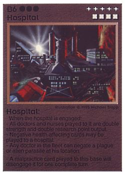 Need: 0    Want: 0    Have: 14 (+99)    Will Trade: 11    In Storage: 7              B6 ‑ Hospital  Set: NE  Rarity: R1    Artist: Michael Trapp    