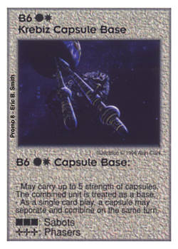 Need: 0    Want: 0    Have: -1    Will Trade: 0    In Storage: 0              B6 ‑ Krebiz Capsule Base  Set: Pro8  Rarity: Pro8    Artist: Alan Clark    