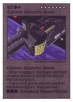 Need: 0    Want: 0    Have: 34 (+33)    Will Trade: 31    In Storage: 26              B7 ‑ Central Galactic Bank  Set: PoM  Rarity: V1    Artist: Darryl Elliott    